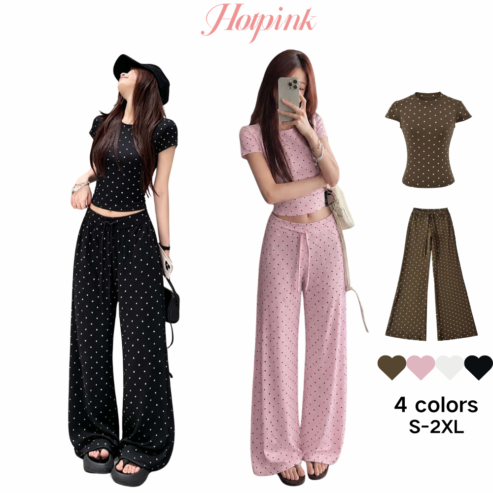 Hotpink ส่งจาก Bangkok คลาสสิกลายจุดสลิมฟิตแขนสั้นชุดสองชิ้นผ้าม่านกางเกงขนแกะเล็กน้อยชุดลําลอง