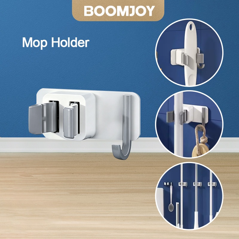 BOOMJOY ที่วางไม้กวาดไม้ถูพื้นไม่มีสว่าน,ไม้กวาดถูพื้นออแกไนเซอร์ติดผนังหนักพร้อมตะขอที่แขวน
