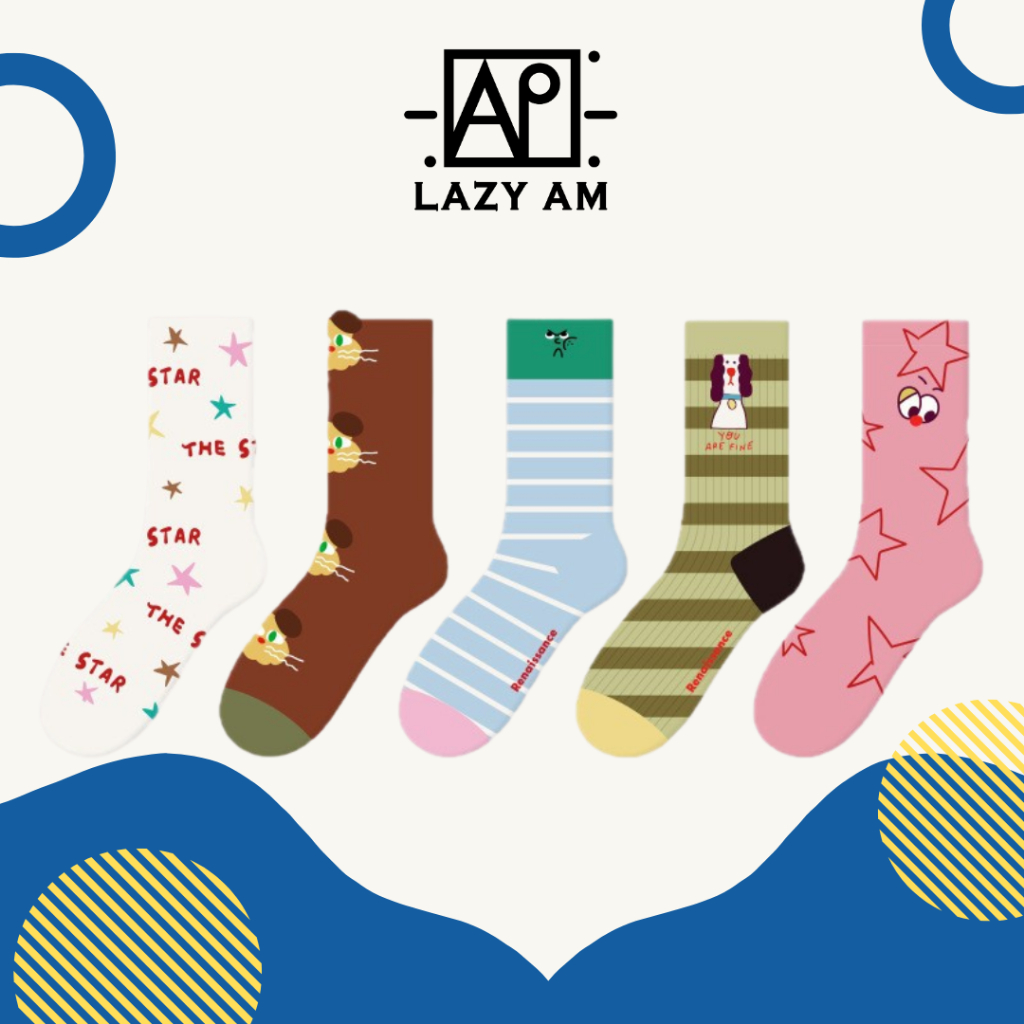 LAZYAM ถุงเท้าลายการ์ตูนน่ารัก ถุงเท้ายาวแฟชั่น Unisex ผ้าฝ้าย ใส่สบาย สำหรับใส่ทุกวัน