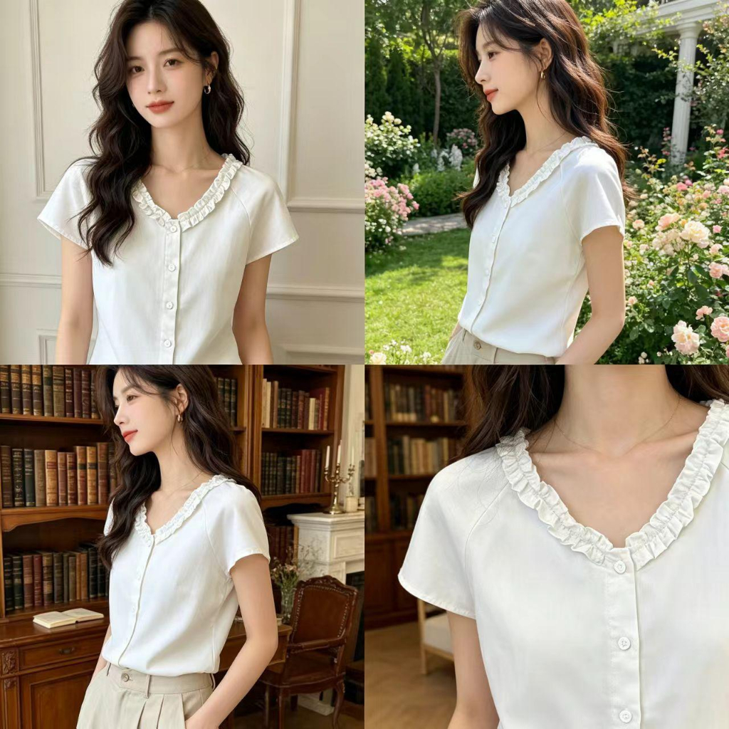 ฤดูร้อนสไตล์ใหม่สีขาวเร้าใจปกออกแบบเสื้อแขนสั้นผู้หญิงฝรั่งเศสหลวมสุภาพสตรีแฟชั่นด้านบน