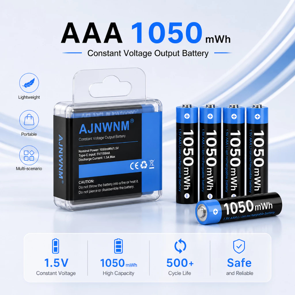 1.5v AAA แบตเตอรี่ลิเธียม 1050mWh แบตเตอรี่ชาร์จ AAA 1.5V แบตเตอรี่