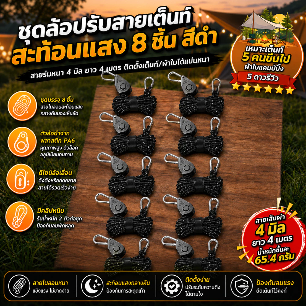 [จัดส่งในพื้นที่] 8 ชิ้น รอกเชือก กันลม หลังคาแขวนเชือก 4 มิลลิเมตร ผู้ชาย เส้น อุปกรณ์ตั้งแคมป์