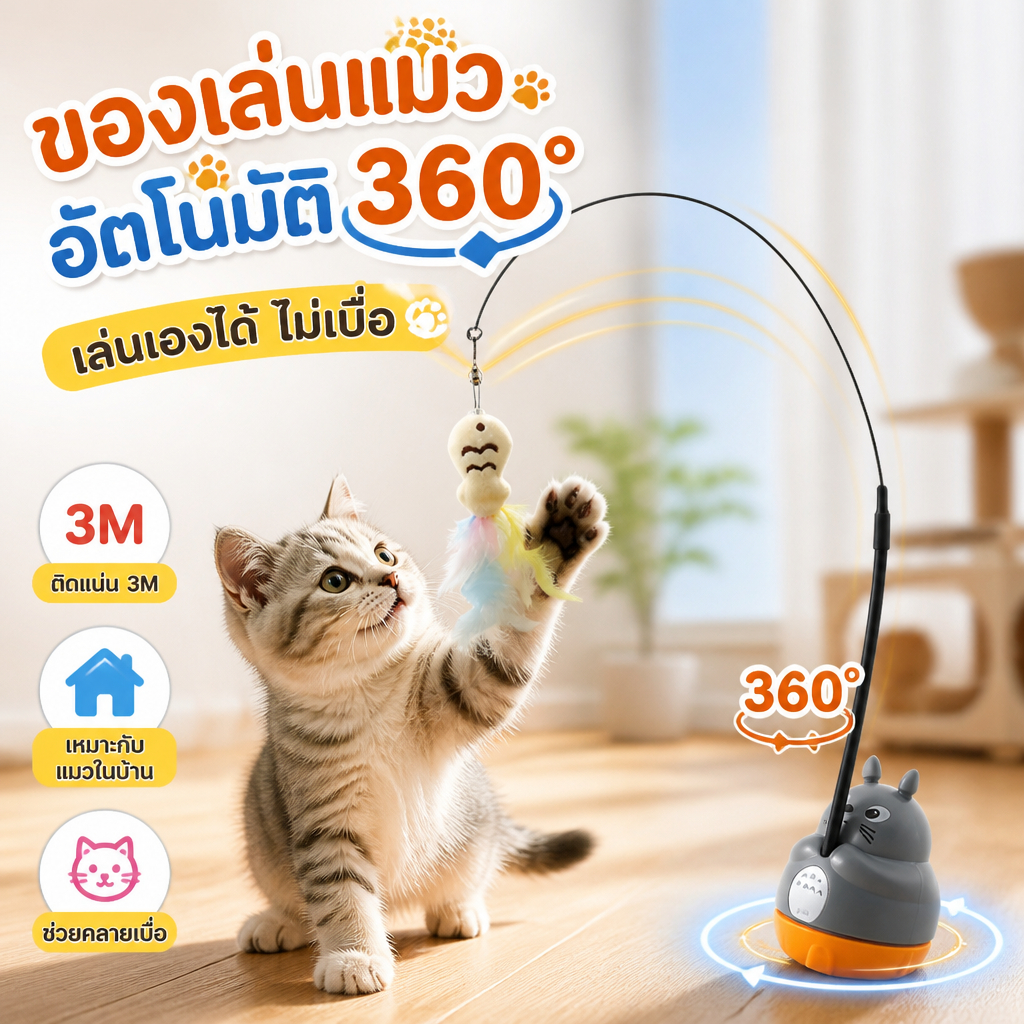PETLUSCI® ของเล่นแมวไม้ล่อแมว ติดพื้น 3M ก้านยาว 90 ซม. กระตุ้นสัญชาตญาณการล่า เล่นสนุกไม่เบื่อ