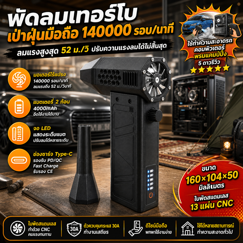 [จัดส่งในพื้นที่] 140000Rpm รุนแรง Blower 52 m/s มอเตอร์ไร้แปรง Turbo พัดลมรุนแรงพร้อมจอแสดงผลไฟพัดลมท่อมือถือสําหรับแป้นพิมพ์คอมพิวเตอร์/รถ