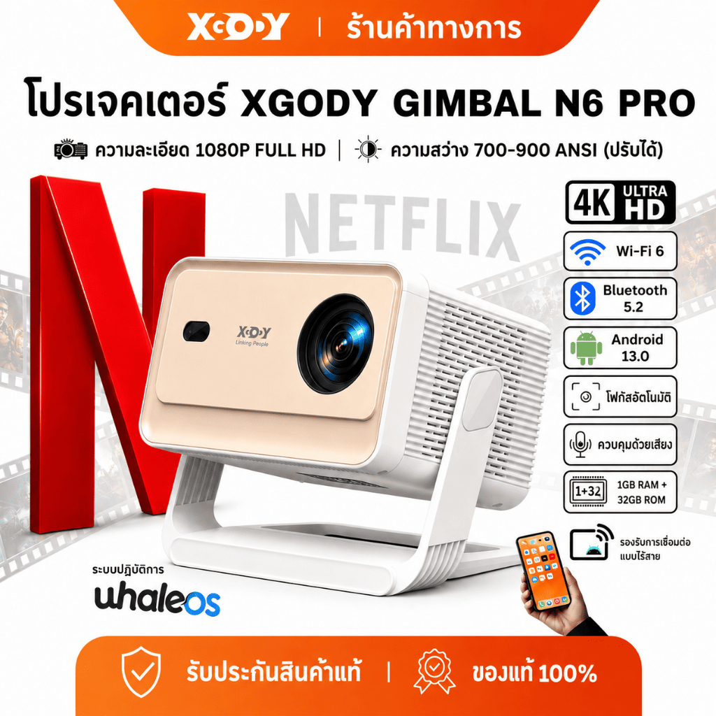 [NETFLIX Official] XGODY N6 PRO โปรเจคเตอร์มินิ 1080P HD โปรเจคเตอร์พกพาสำหรับใช้ในบ้าน พร้อม YouTube ในตัว, โปรเจคเตอร์ ลิขสิทธิ์แท้จาก NETFLIX จำ ระบบ Android 13.0