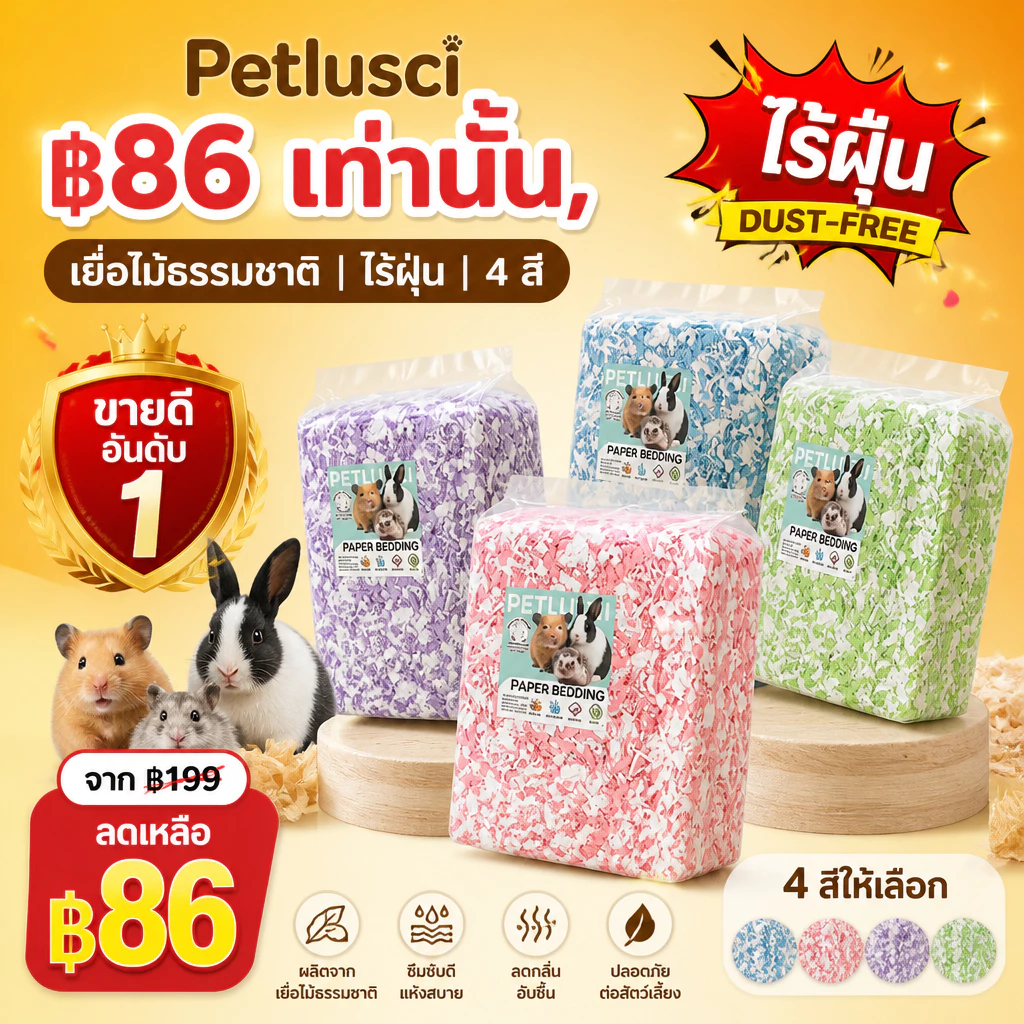 PETLUSCI® กระดาษรองกรงสีสันสดใส รองกรงแฮมสเตอร์ 450G เยื่อไม้ธรรมชาติ ไร้ฝุ่น นุ่มฟู สำหรับแฮมสเตอร์ เม่นแคระ