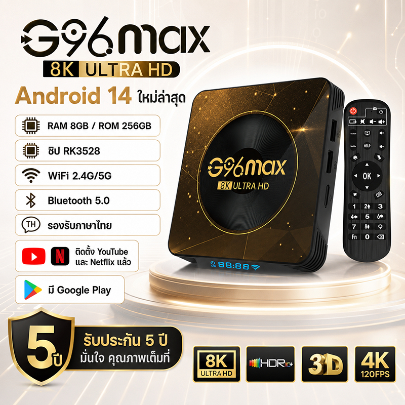 TV BOX กล่องทีวี 8K Android 14 8+256GB รองรับภาษาไทย มี Google Store ในตัว Netflix และ YouTube กล่อง Android TV