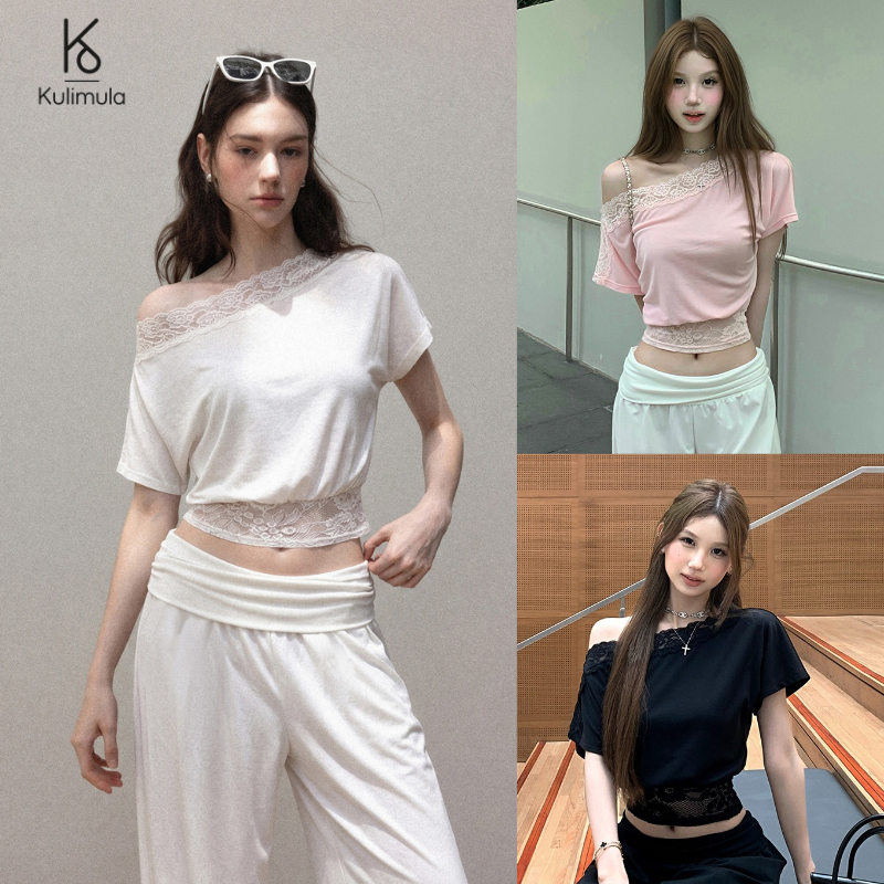【NEW 】Kulimula - Sorbet Off-shoulder baby tee เสื้อปาดไหล่เอวจั้มดีเทลลูกไม้ที่ชาย ผ้ายืดยุ่นไม่บาง