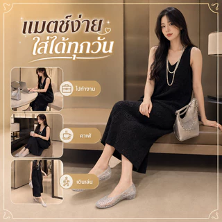 รองเท้าเจลลี่ผู้หญิงหัวแหลม พื้นแบน แต่งคริสตัล สไตล์เกาหลี สวมง่าย ใส่สบาย สำหรับใส่ทุกวัน