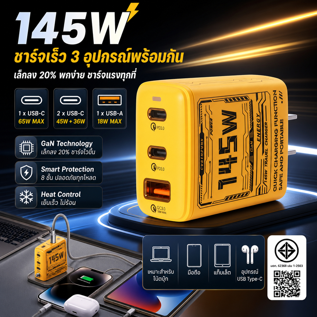 หัวชาร์จเร็ว GaN 145W PD ชาร์จไว 3 พอร์ต Type-C+USB รองรับมือถือโน๊ตบุ๊ค ใช้ได้หลายอุปกรณ์ novatech1