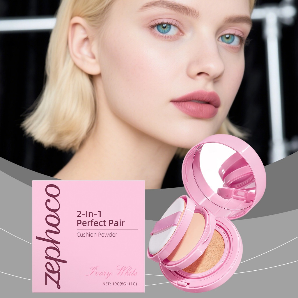 Zephoco 2-In-1 Perfect คู่ Cushion Powder Ivory น้ําหนักเบา Sheer Matte Foundation Long Last Non-Fad