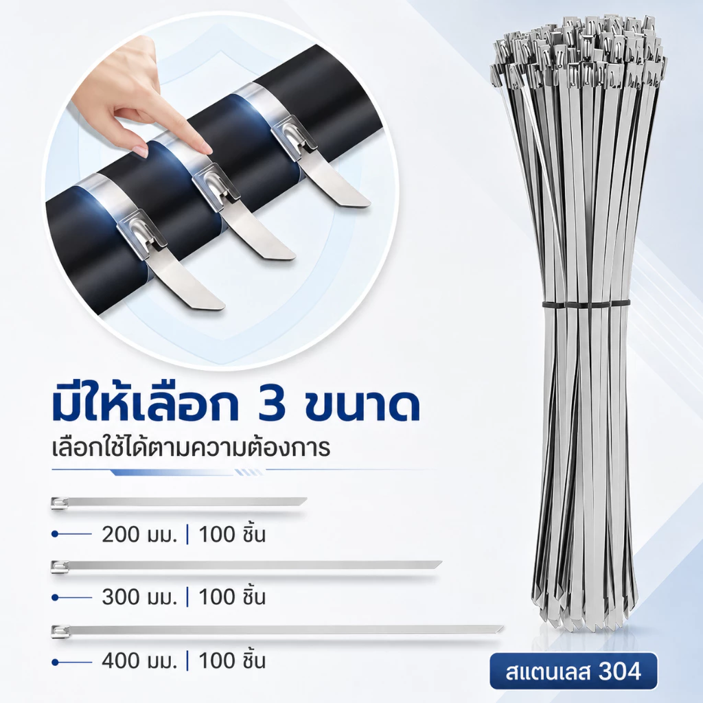 เคเบิ้ลไทร์สแตนเลส 304 กว้าง 4.6 มม. ยาว 200/300/400 มม. สายรัดแบบล็อก แข็งแรง ทนแรงดึง 100 ชิ้น/ถุง ส่งจากกรุงเทพฯ