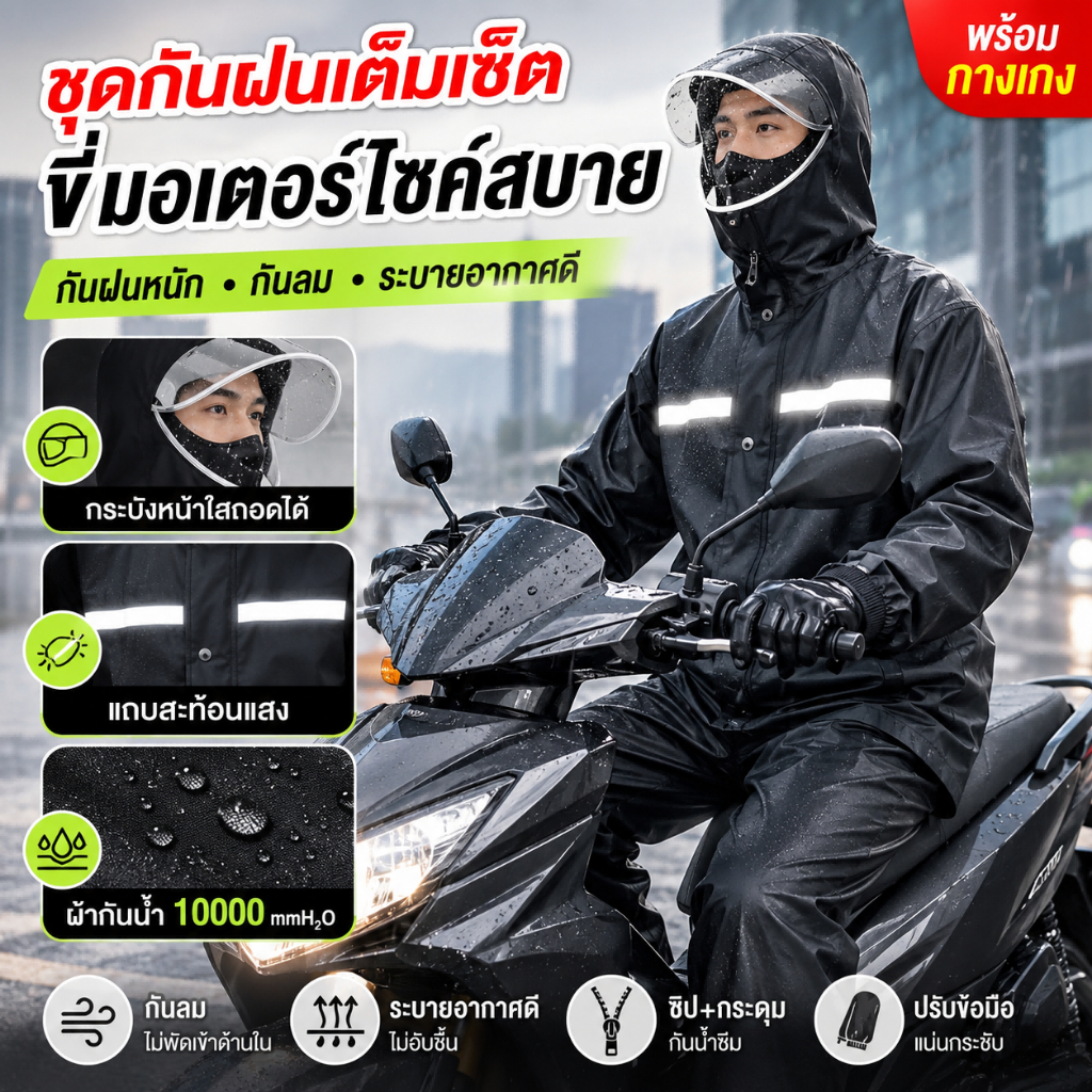 ชุดกันฝน กันน้ำ100% เสื้อกันฝน 2ชิ้น มีแถบสะท้อนแสง ฮู้ดปรับได้ สวมใส่สบาย เหมาะสำหรับขี่ ผู้ใหญ่