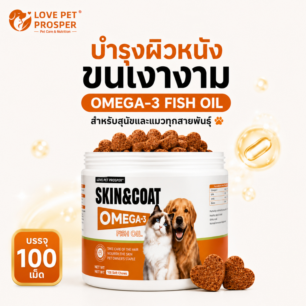 Love Pet Prosper ขนมเคี้ยวนุ่มน้ำมันปลาโอเมก้า 3 สำหรับสุนัขและแมว สูตร EPA DHA 100 เม็ด