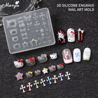 Monja เล็บแม่พิมพ์ 3D Hello Kitty Bowknot Heart ซิลิโคน Stamplates นํากลับมาใช้ใหม่น่ารักเล็บ Mould