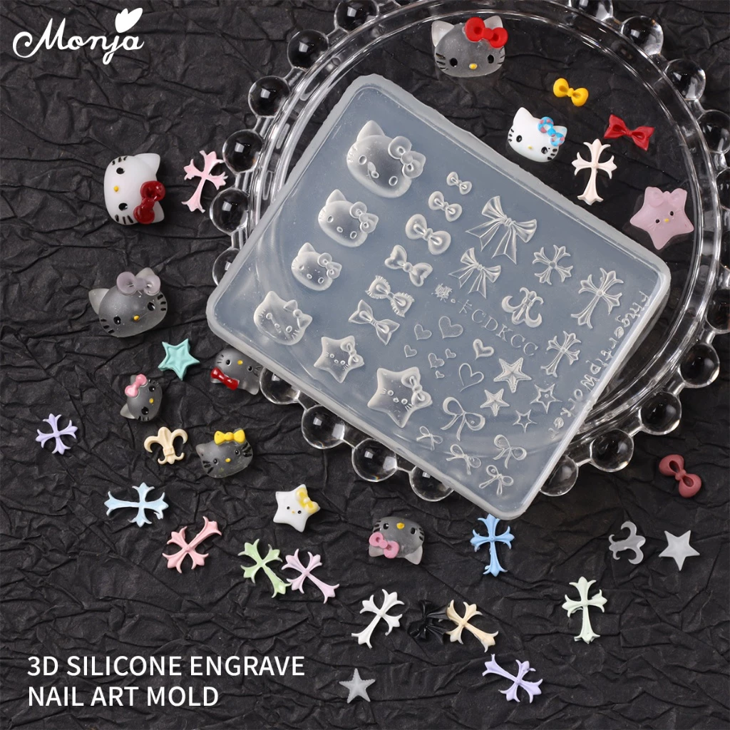Monja เล็บแม่พิมพ์ 3D Hello Kitty Bowknot Heart ซิลิโคน Stamplates นํากลับมาใช้ใหม่น่ารักเล็บ Mould