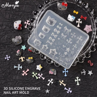 Monja เล็บแม่พิมพ์ 3D Hello Kitty Bowknot Heart ซิลิโคน Stamplates นํากลับมาใช้ใหม่น่ารักเล็บ Mould