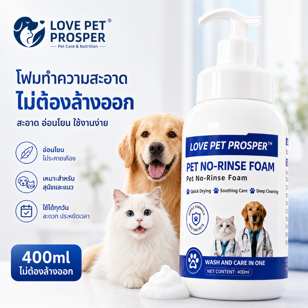 Love Pet Prosper โฟมอาบน้ำแห้ง 400ml สำหรับสุนัขและแมว ไม่ต้องล้างออก โฟมทำความสะอาดสัตว์เลี้ยง ใช้ได้ทั้งตัว ใช้งานง่าย
