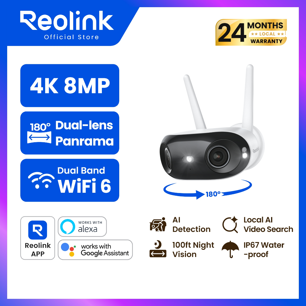 REOLINK Elite WiFi กล้องเลนส์คู่ 4K 8MP | มุมกว้าง 180° | Wi-Fi 6 | ภาพสีกลางคืน | หมุนตาม