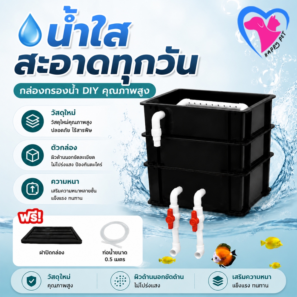 Happy ระบบกรองตู้ปลาแบบกล่องหมุนเวียน DIY ความจุขนาดใหญ่ เพิ่มการไหลเวียนและออกซิเจน มือใหม่ติดตั้งได้ภายใน 10 นาที