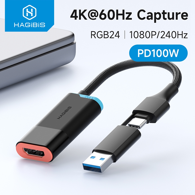 Hagibis HDMI to USB 3.0 และ USB C การ์ดจับภาพวิดีโอ 2K/4K 1080P 60FPS 100W PD สําหรับสตรีมมิ่งเกมสวิ