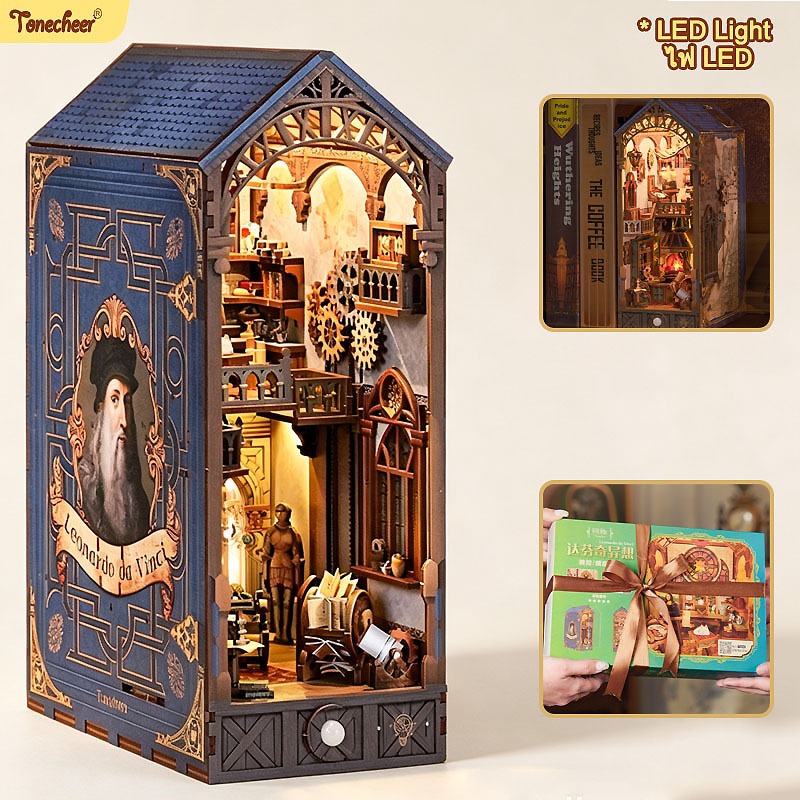 Tonecheer Book Nook Kits DIY Booknook LED Miniature House Kit 3D ปริศนาไม้ชั้นวางหนังสือของขวัญ [Leo