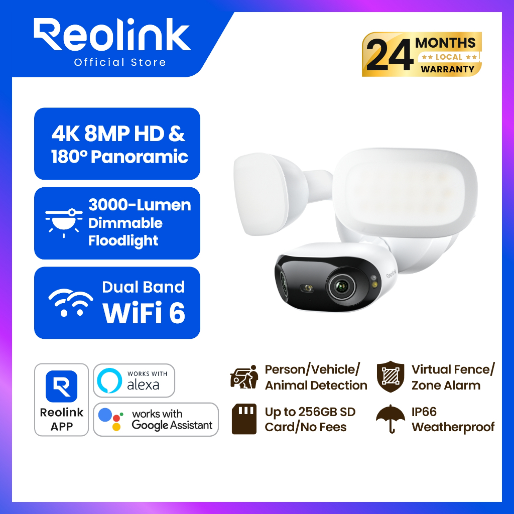 REOLINK Elite Floodlight WiFi กล้องสปอตไลท์ 4K 8MP | มุมกว้าง 180° | สว่าง 3000Lm | Wi-Fi 6