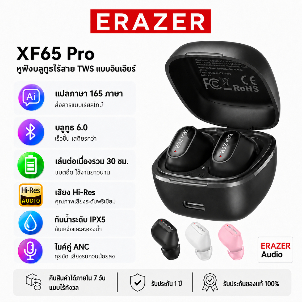 ERAZER XF65 Pro หูฟังบลูทูธ ANC ตัดเสียงรบกวน หูฟังเล่นเกม Low Latency กันน้ำ IPX5 แบตเตอรี่ยาว 36 ช