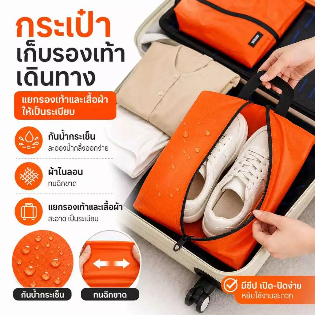 วัสดุไนลอน กระเป๋าใส่รองเท้าเดินทาง กันน้ำกระเซ็น ทนต่อการฉีกขาด กระเป๋าใส่เสื้อผ้าเดินทางพกพาสะดวก กระเป๋ากันฝุ่น