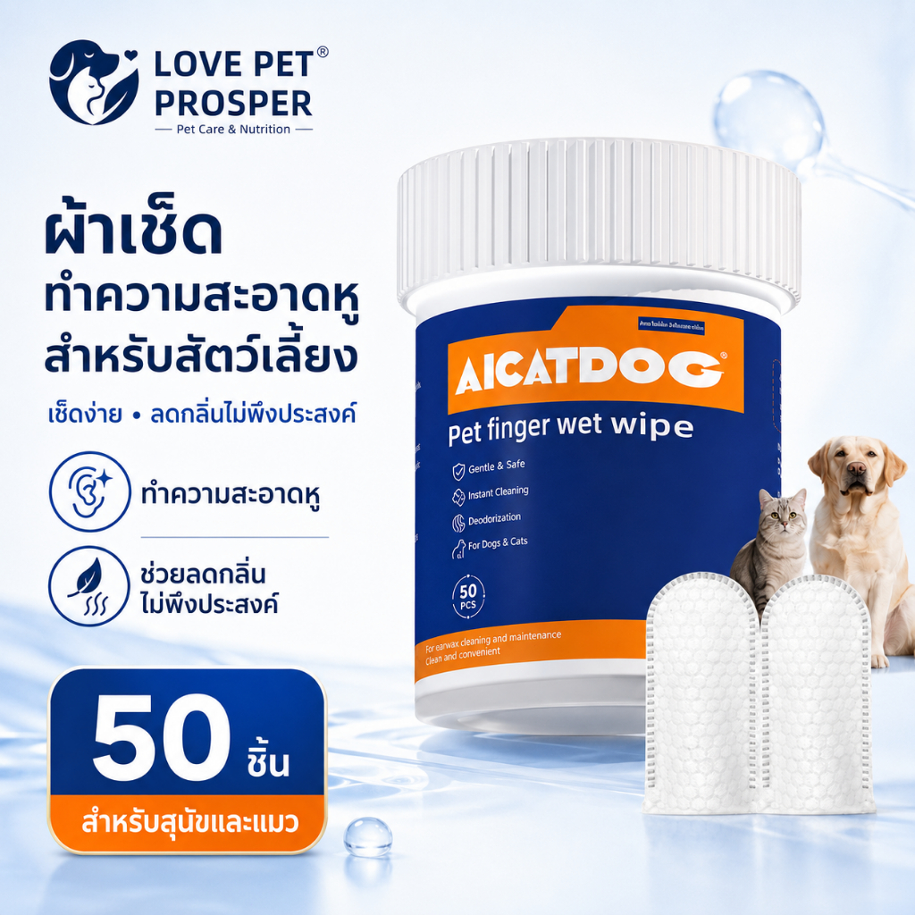 Love Pet Prosper Pet Wipes แผ่นเปียกเช็ดตาแมว และสุนัข ปลอกนิ้วแปรงฟัน แผ่นเช็ดหูสุนัข ไม่มีแอลกอฮอล์ ปลอดภัย 50 แผ่น  🇹🇭 ส่งจากไทย