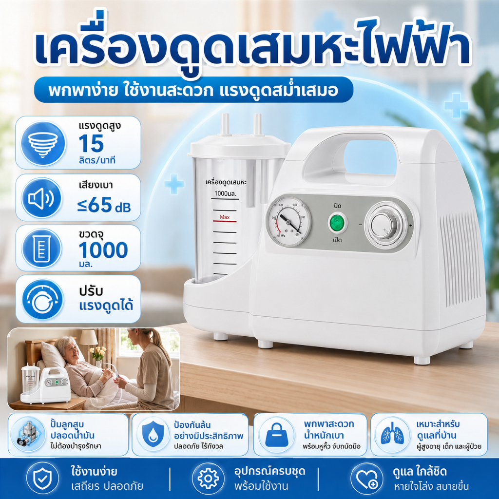 【COD ท้องถิ่น + การจัดส่ง 2 วัน】เครื่องปั๊มดูดเสมหะแบบพกพาอุปกรณ์เครื่องช่วยหายใจเสมหะไฟฟ้าสําหรับผู้สูงอายุผู้ป่วยติดเตียงผู้ใหญ่และทารก