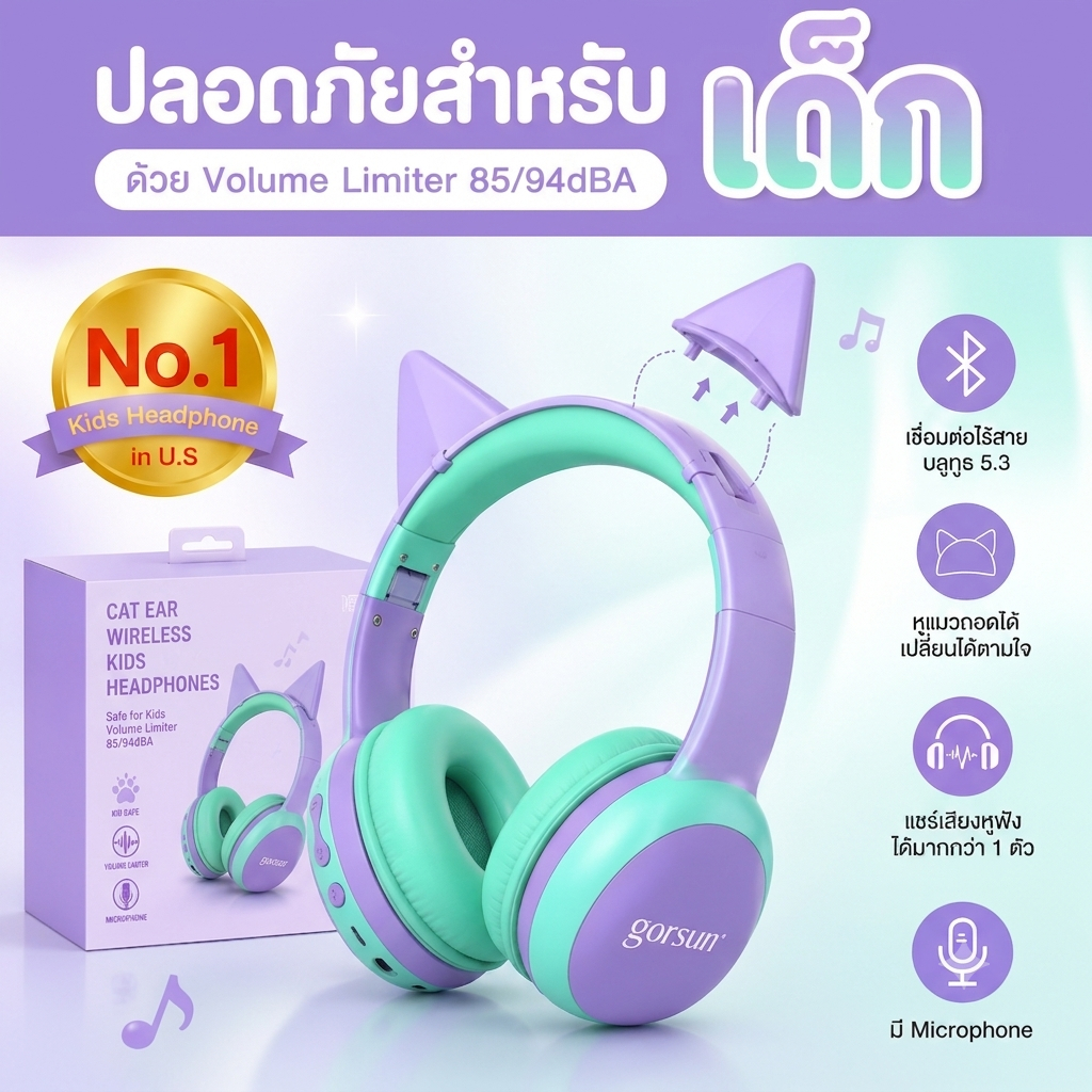 Gorsun หูฟังเด็กไร้สาย Bluetooth 5.0 หูฟังครอบหู หูแมวถอดได้ รองรับสาย AUX 3.5mm หูฟังสำหรับเด็ก จำกัดเสียง 85dB ปลอดภัยสำหรับเด็ก 3-15 ปี ใช้ได้กับโทรศัพท์ คอมพิวเตอร์