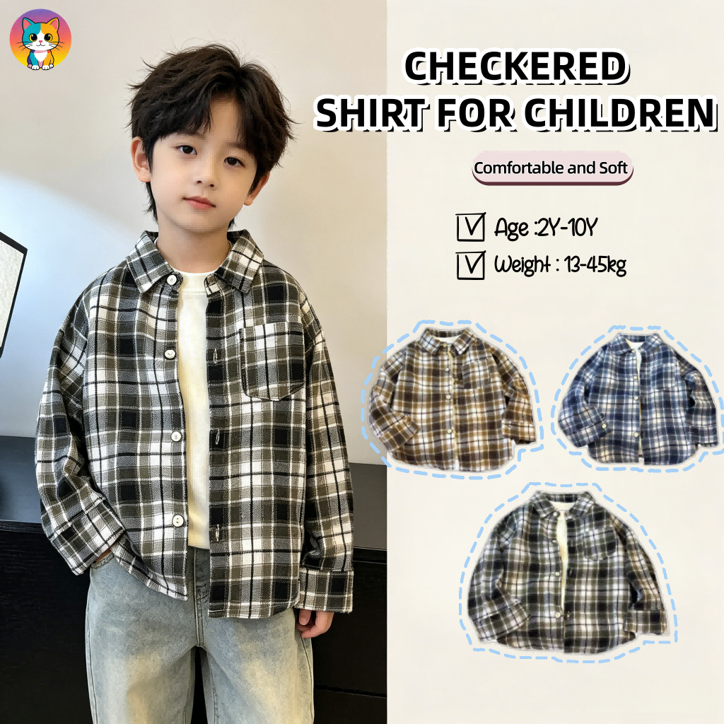 BKK Delivery2-10Y Boys Long Sleeve Plaid Shirt Soft Cotton 3 สี Checkered Kids Casual Button Down Tops Breathable Comfort Fit