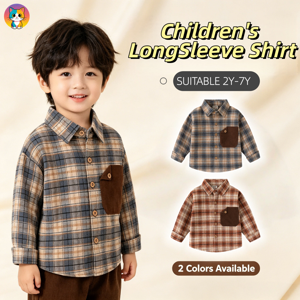 BKK Delivery2-7Y Boys แขนยาวเสื้อลายสก๊อต Soft Corduroy กระเป๋า 2 สีเด็ก Casual ปุ่มลงเสื้อ Breathable Comfort Fit