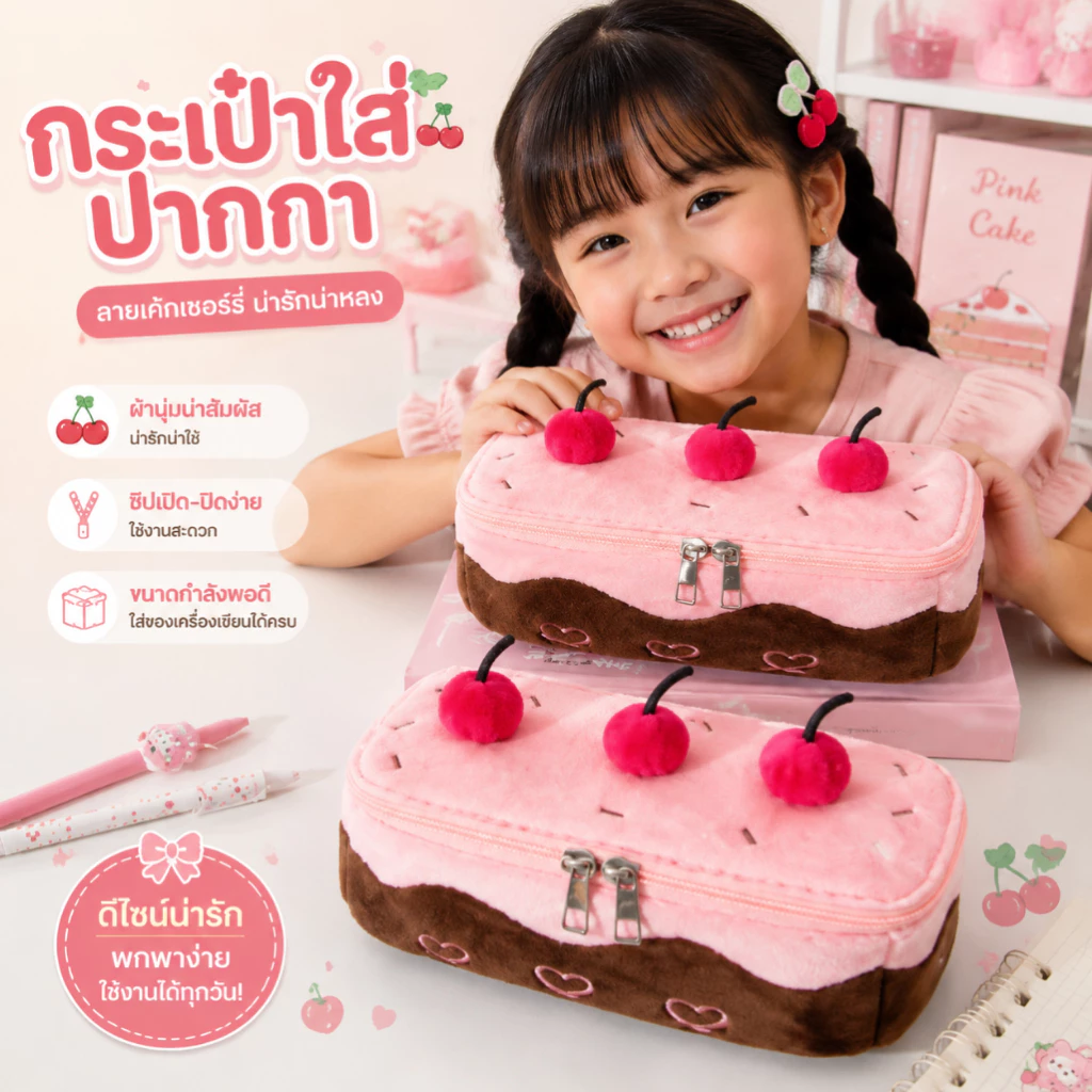 อิน กล่องดินสอเค้กเชอร์รี่ตุ๊กตาน่ารักความจุขนาดใหญ่กระเป๋าเครื่องเขียนนักเรียน