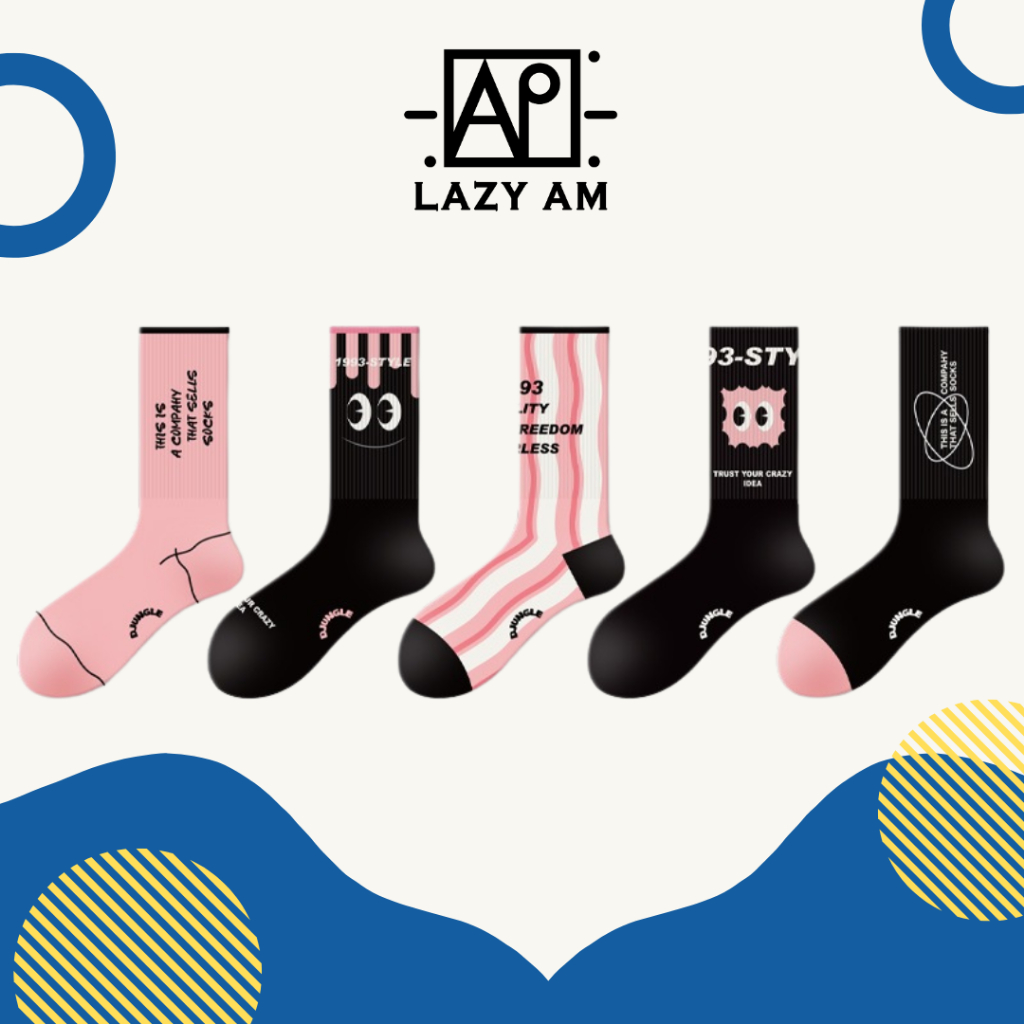 LAZYAM ถุงเท้าข้อกลางผู้หญิง คอตตอน ลายการ์ตูนหวาน ซับเหงื่อ กันลื่น ใส่สบายทุกวัน