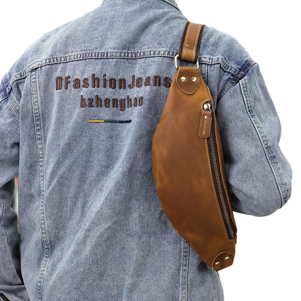 Sunwish No.M410 หนังแท้หรูหรา Crazy Horse Cowhide กระเป๋าคาดหน้าอกผู้ชายเอว