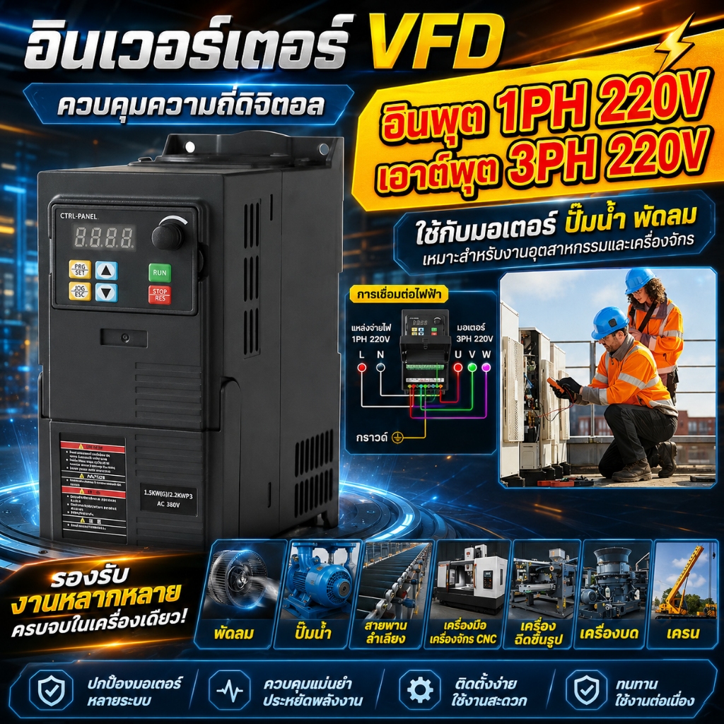 ใหม่ VFD ตัวแปลงความถี่ 1PH 220V ถึง 3PH 220V ไดรฟ์ความถี่ดิจิตอลมอเตอร์ปั๊มแฟนๆ