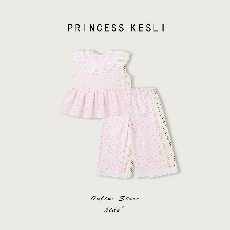 Princess Kesli เจ้าหญิง คีสลี ชุดเด็กผู้หญิงเกาหลีชุดลูกไม้ลายจุดเสื้อแขนกุด + กางเกงขายาว ชุดชายหาด สําหรับเด็กอายุ 2-12 ปี