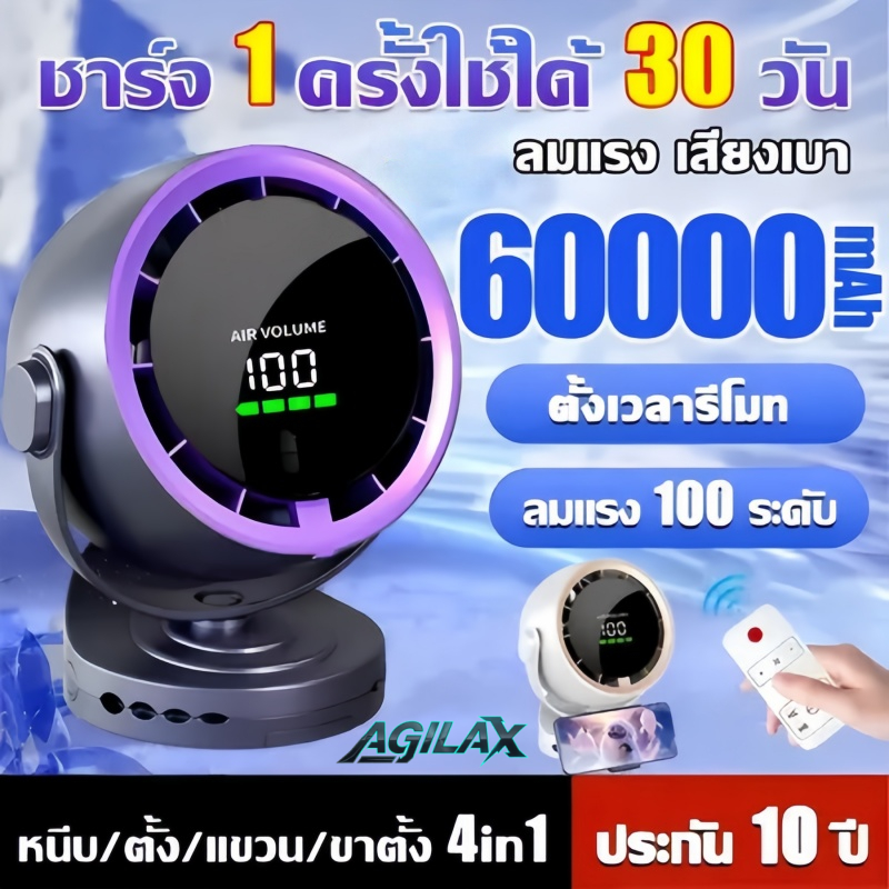 [ความรู้สึกเย็นดีกว่าเครื่องปรับอากาศ] พัดลมตั้งโต๊ะแบบพกพา 60,000มะห์ ปรับความเร็วลม 100 สปีด มอเตอร์เยอรมัน ดีไซน์เทอร์โบ 7 ใบพัด (เงียบแรง) พัดลมหมุนเวียนอากาศ