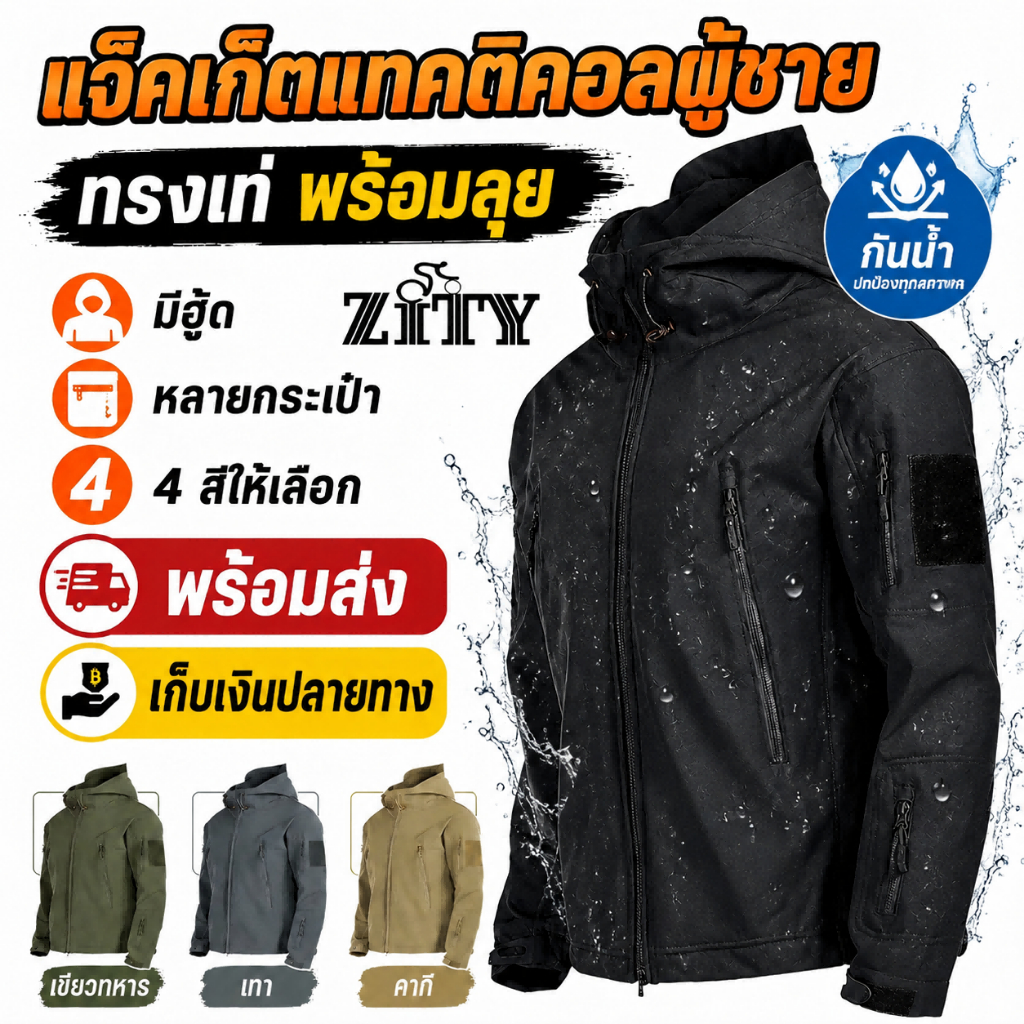 ZITY เสื้อกันหนาวผู้ชาย เดินป่า เสื้อแจ็คเก็ตกันลม ผ้านุ่ม เสื้อแจ็คเก็ตเดินป่ากันน้ำ Soft Shell Tactical Jackets Windproof