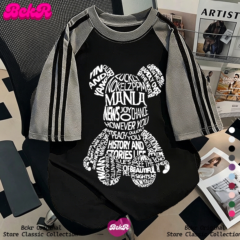 【จัดส่งตลอด 24 ชั่วโมง】 BCKR ลายหมีน้อยลายสามแถบคอกลมเสื้อ oversizeชุดหน้าร้อนผู้หญิงtshirtYG1163