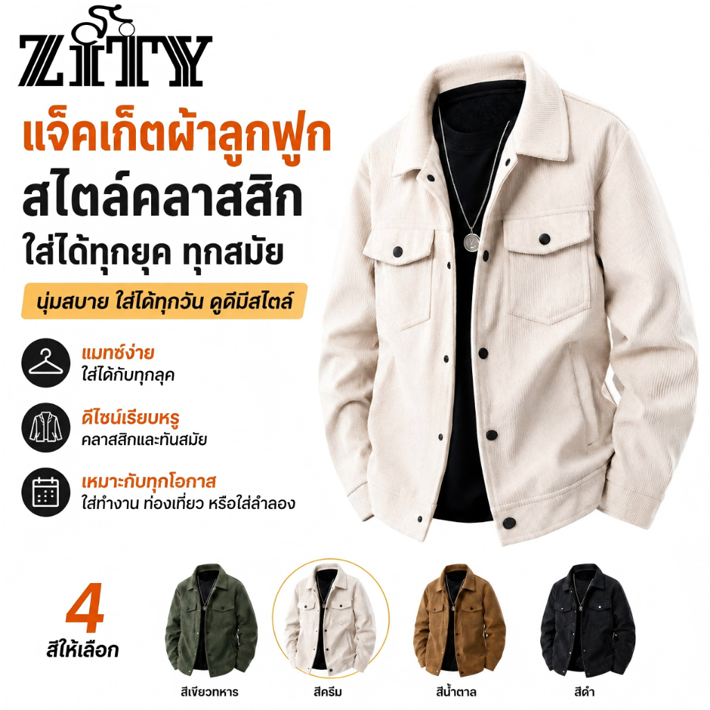 ZITY ชุดแจ็คเก็ตผ้าลูกฟูกสำหรับผู้ชาย ออกแบบมาเพื่อความอบอุ่นในฤดูใบไม้ร่วงและฤดูหนาว