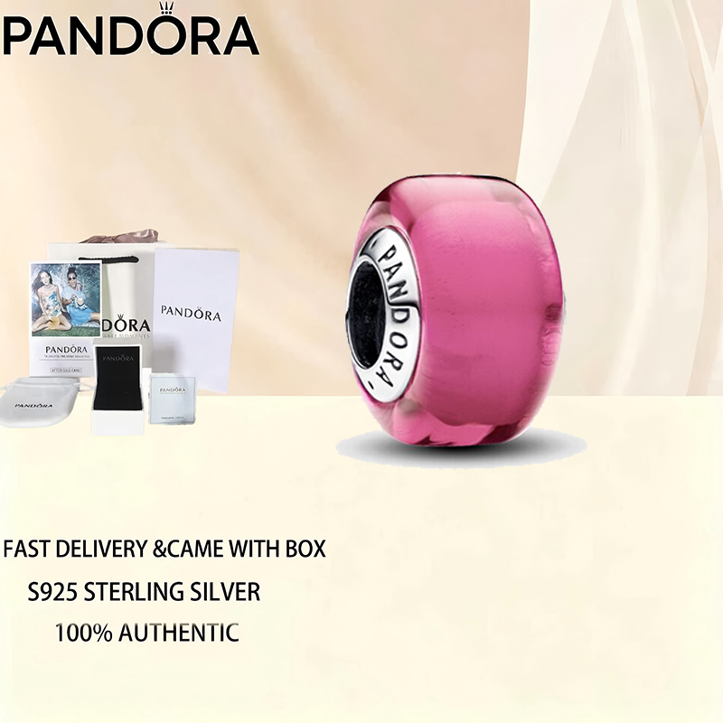 เครื่องประดับแฟชั่นสตรี S925 เงินสเตอร์ลิง Pandora สีชมพู Mini Murano แก้ว Charm ของขวัญวันวาเลนไทน์ของขวัญวันเกิด