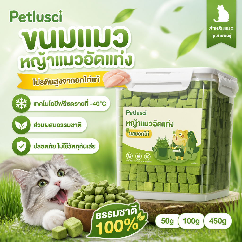 PETLUSCI® หญ้าแมวฟรีซดราย ขนมแมว 640กรัม โปรตีนสูง ขนมหญ้าแมวบำรุงขน อกไก่ผสมต้นอ่อนข้าวสาลีฟรีซดราย