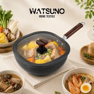 Watsuno.หม้อทรงลึกสี่เหลี่ยม พร้อมฝาแก้ว ด้ามจับลายไม้ หม้อต้มอเนกประสงค์ สำหรับต้ม ตุ๋น ทำซุป และหม้อไฟ