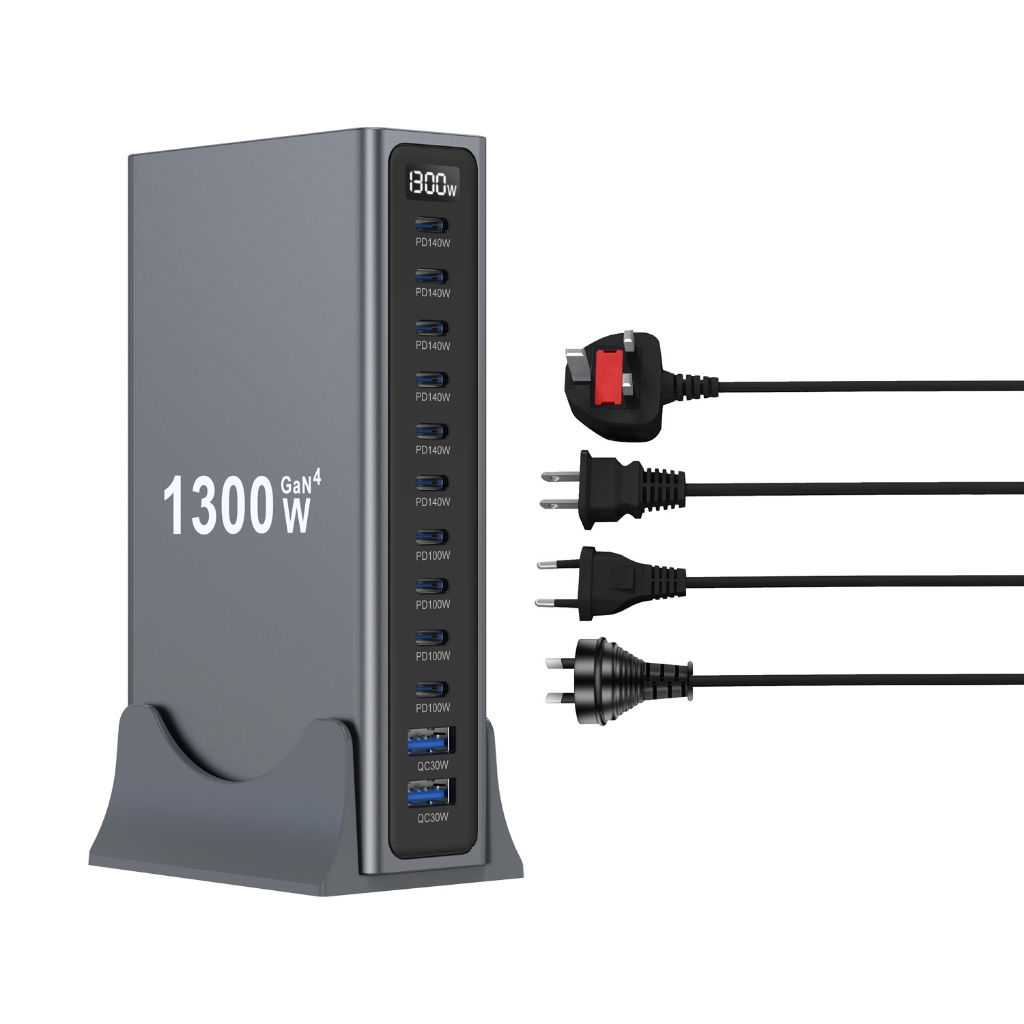 1300W สถานีชาร์จ GaN หลายพอร์ต 10USB-C+2USB-A PD140W PD100W Fast Desktop Charger หลายอุปกรณ์ชาร์จพร้อมกัน Hub