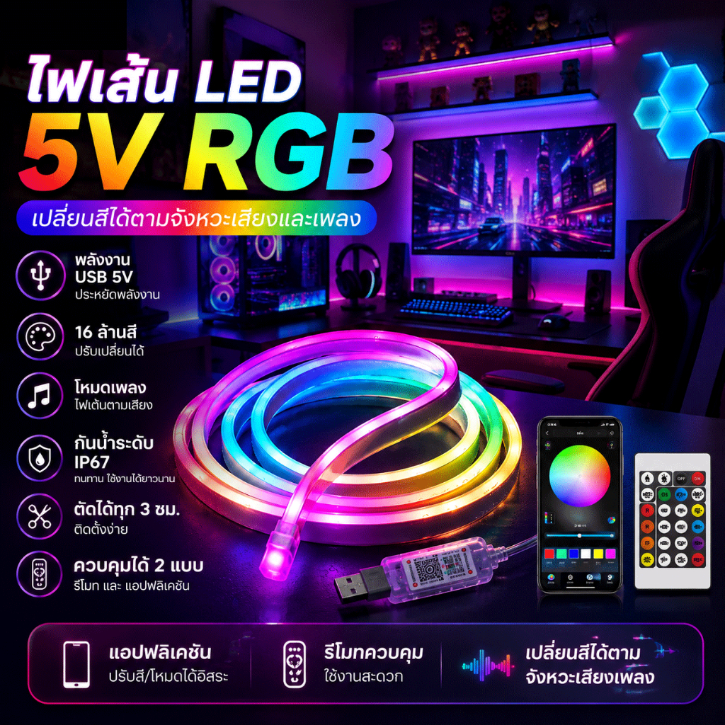 🌈 Neonไฟเส้น LED RGBIC นีออน ยืดหยุ่น ไฟแต่งห้อง สร้างบรรยากาศ | ควบคุมผ่านรีโมท/แอปมือถือ USB เปลี่ยนสีได้หลายโหมด IP67 รับประกัน