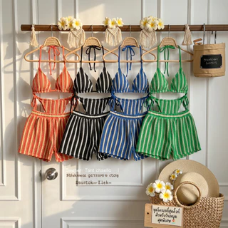 💙ส่งไวจากไทย🤍เซ็ตว่ายน้ำ 3 ชิ้น Crochet Bikini บิกินี่สายฝอ ลายทางสไตล์ สายผูกปรับระดับได้ โบฮีเมียน