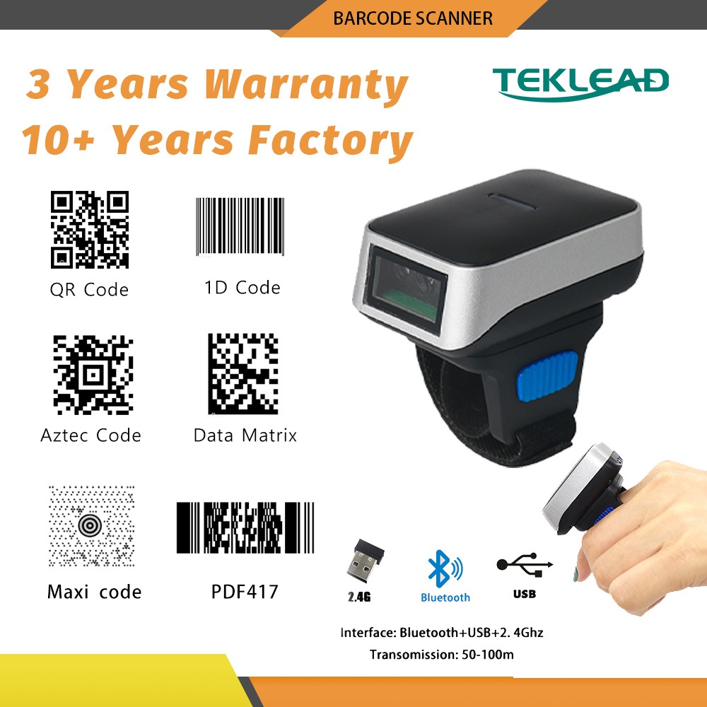 TEKLEAD wearable Bar Code 2.4G wireless Scanner 1D 2D Bluetooth Barcode Reader Ring qr Scanner